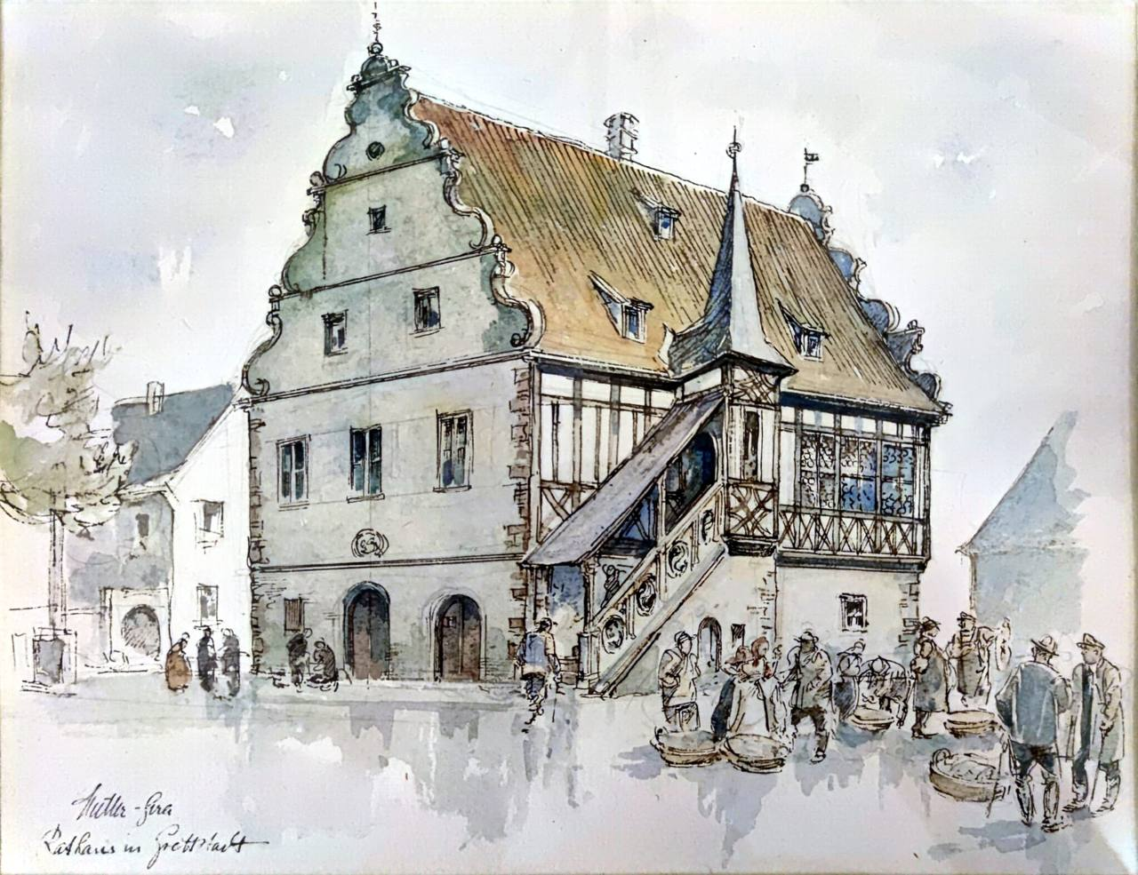 Aquarell-Sketch des Rathauses in Grettstadt von Müller-Fira